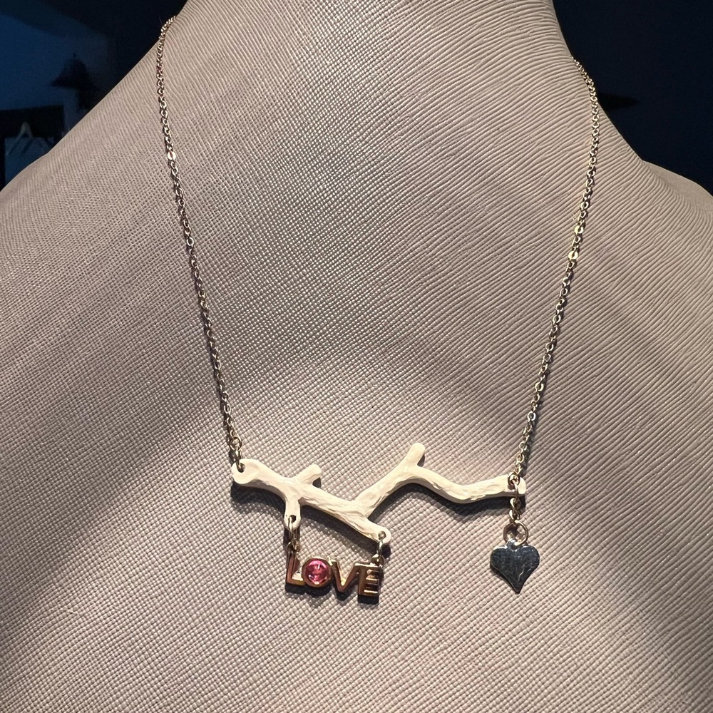 Unique Vintage Gold Branch Necklace with Silver Heart and Pink Gem